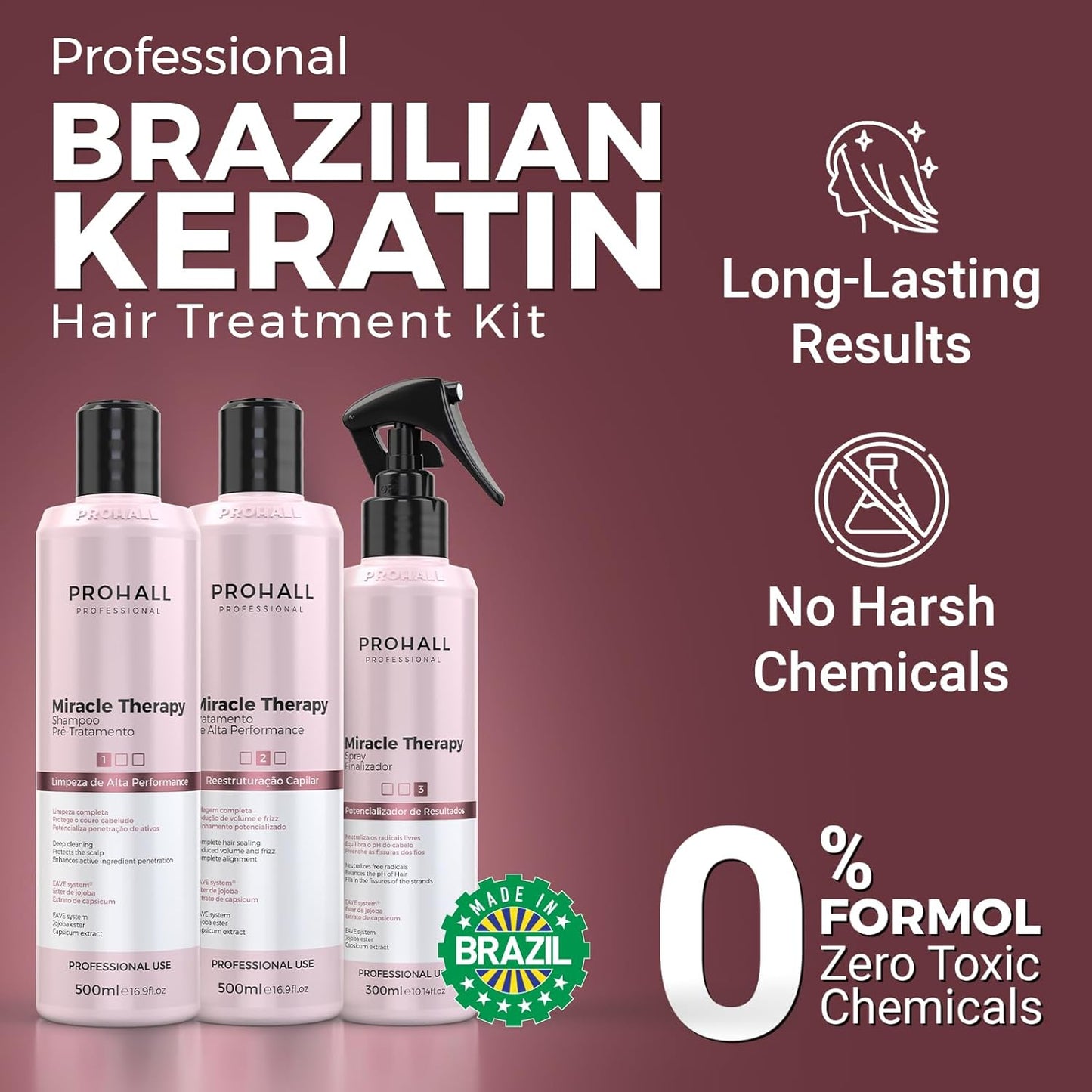 Brazilian Keratin Hair Treatment Kit - Straightening Blowout Formaldehyde-Free -Prohall Professional Miracle Therapy 17oz- Keratina Queratina Alisador para el pelo